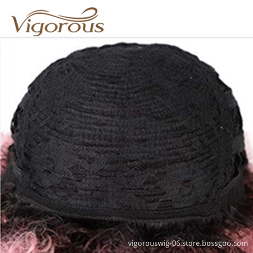 Vigorous Best Selling Wholesale Cheap Price Short Kinky Curly Fluffy Ombre Pink With Bangs For Black Women Synthetic Hair Wigs